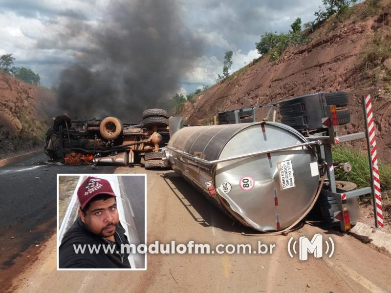 Carreta tomba, pega fogo e motorista morre na BR-352, Abadia dos Dourados