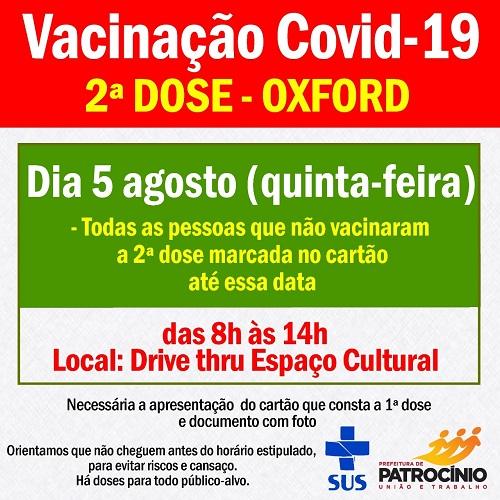 A Secretaria de saúde de Patrocínio, convoca as pessoas com o cartão já agendado para a segunda dose da vacina de 