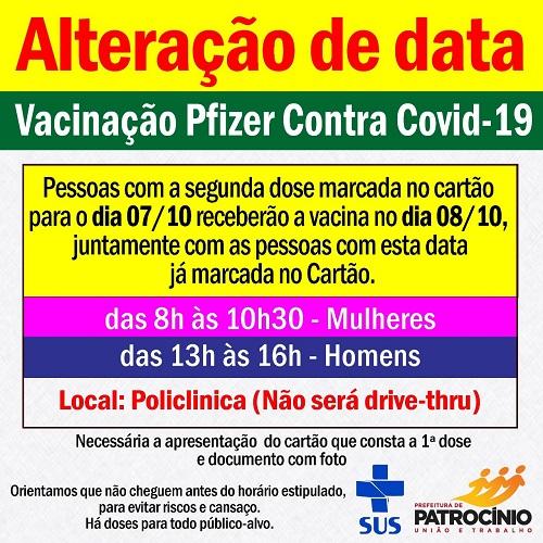 Segunda dose da vacina PFIZER que deveria ser aplicada nesta quinta-feira (07/10) teve a data alterada