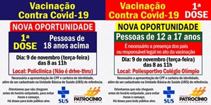 Pessoas que ainda não se vacinaram com a primeira dose contra a COVID 19, terão nova oportunidade nesta terça-feira (09/11)