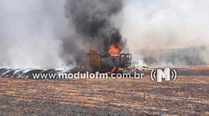Colheitadeira pega fogo e dois caminhões e lavoura de...