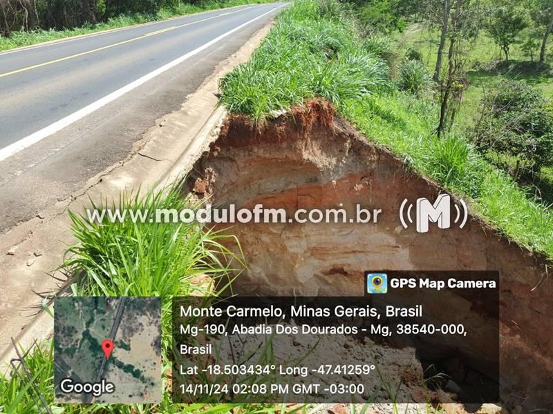 MG-190 é interditada entre Monte Carmelo e Abadia dos Dourados por erosão na pista; previsão de liberação é de 60 dias