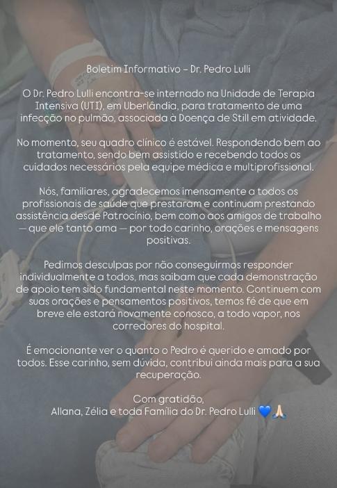 Imagem 1 do post Segundo boletim da família, médico Dr. Pedro Lulli está internado em UTI em Uberlândia com quadro estável