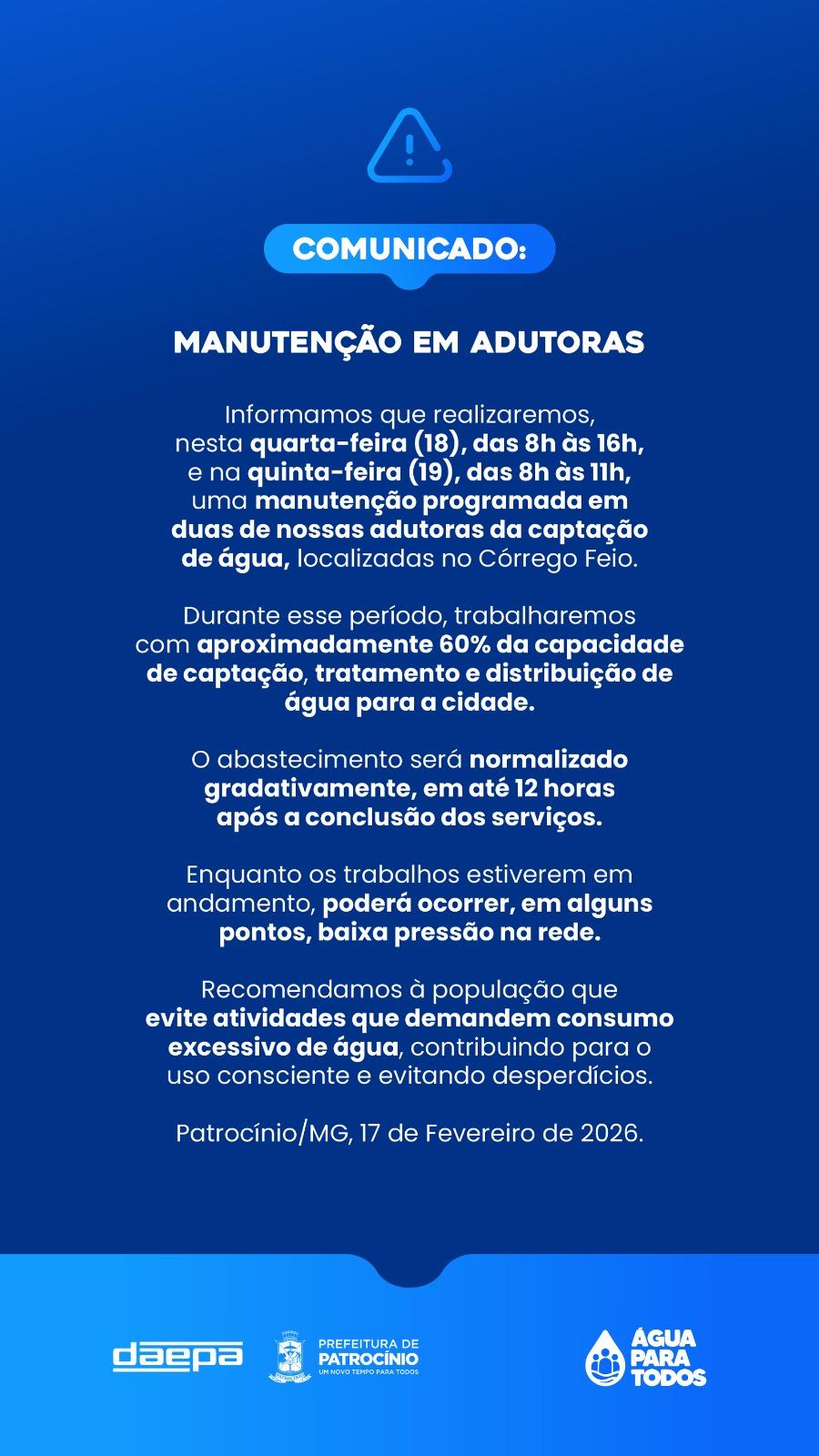 Imagem 1 do post Manutenção em adutoras pode reduzir pressão de água em Patrocínio nesta quarta e quinta